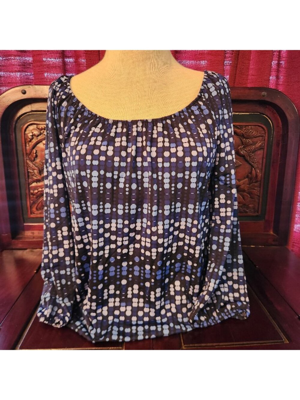 Blouse in Blue Hues 3/4 Sleeves Elastic Neckline Ladies Size M